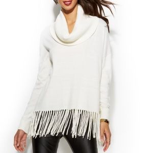Michael Kors Fringe Hem White Cowl Neck Sweater